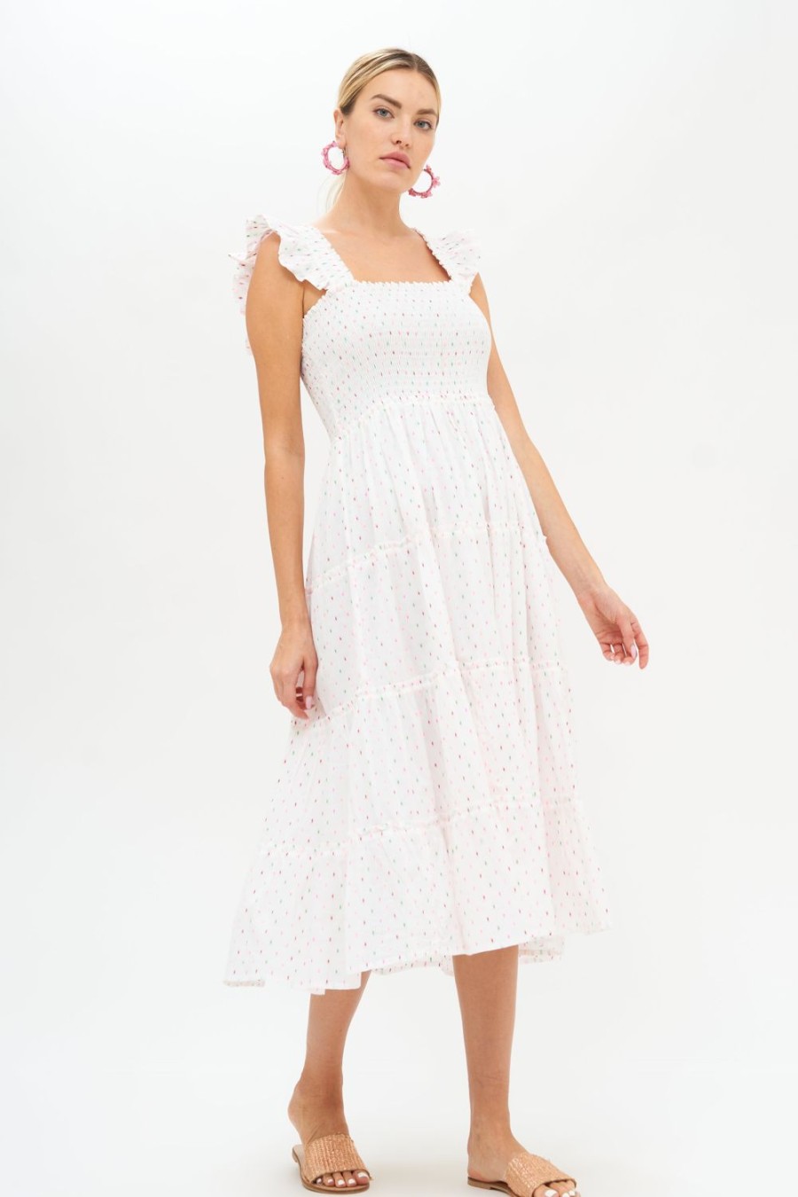 Clothing Oliphant | Smocked Ruffle Strap Midi- Dipsy White