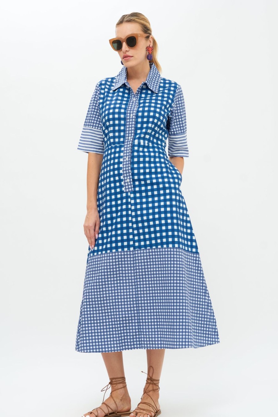 Clothing Oliphant | 3/4 Shirt Dress Midi- Gingham Navy