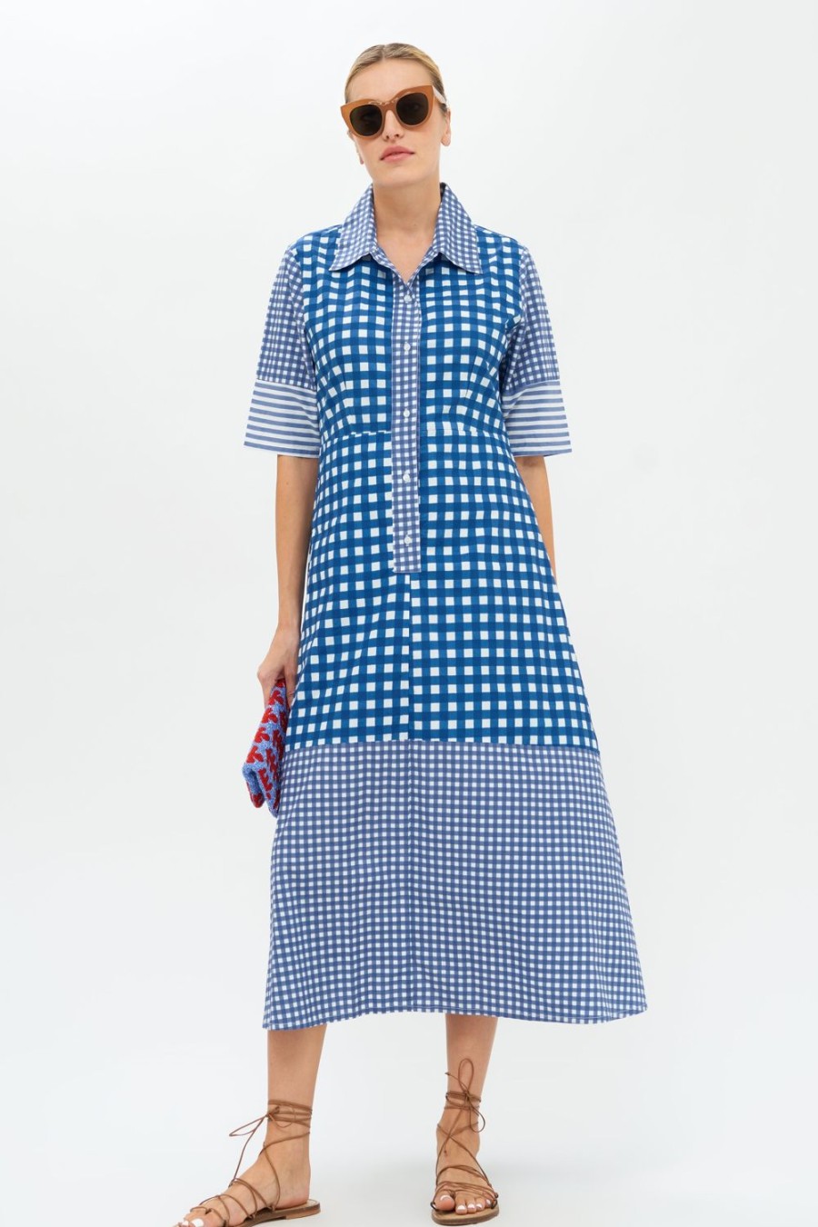 Clothing Oliphant | 3/4 Shirt Dress Midi- Gingham Navy