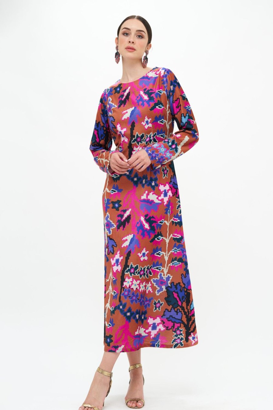 Clothing Oliphant | Long Sleeve Shift Dress Maxi- Bukhara Toffee