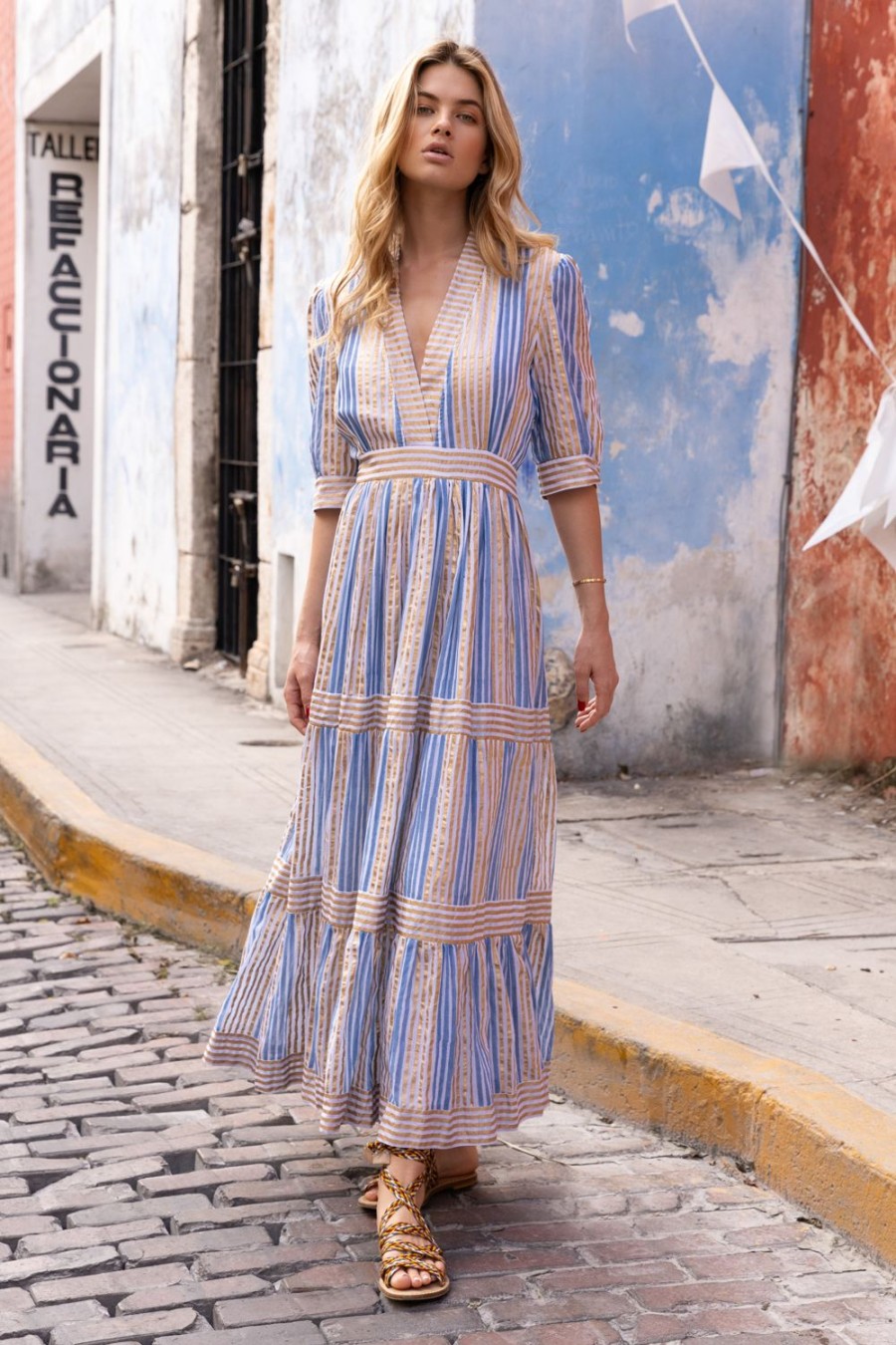 Clothing Oliphant | V-Neck Cuffed Maxi- Samoa Blue Gold