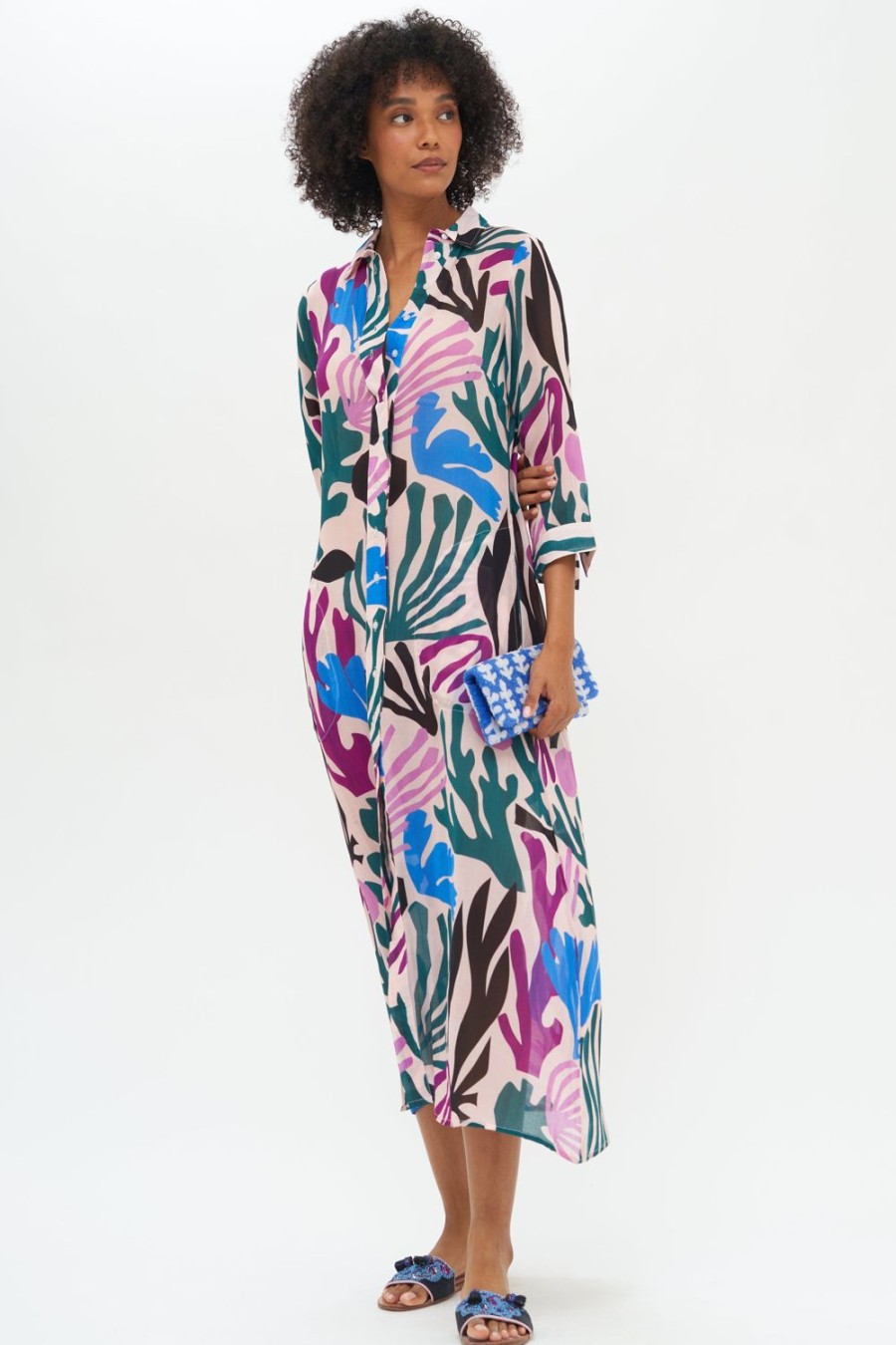 Clothing Oliphant | Shirt Dress Midi- Reef Magenta