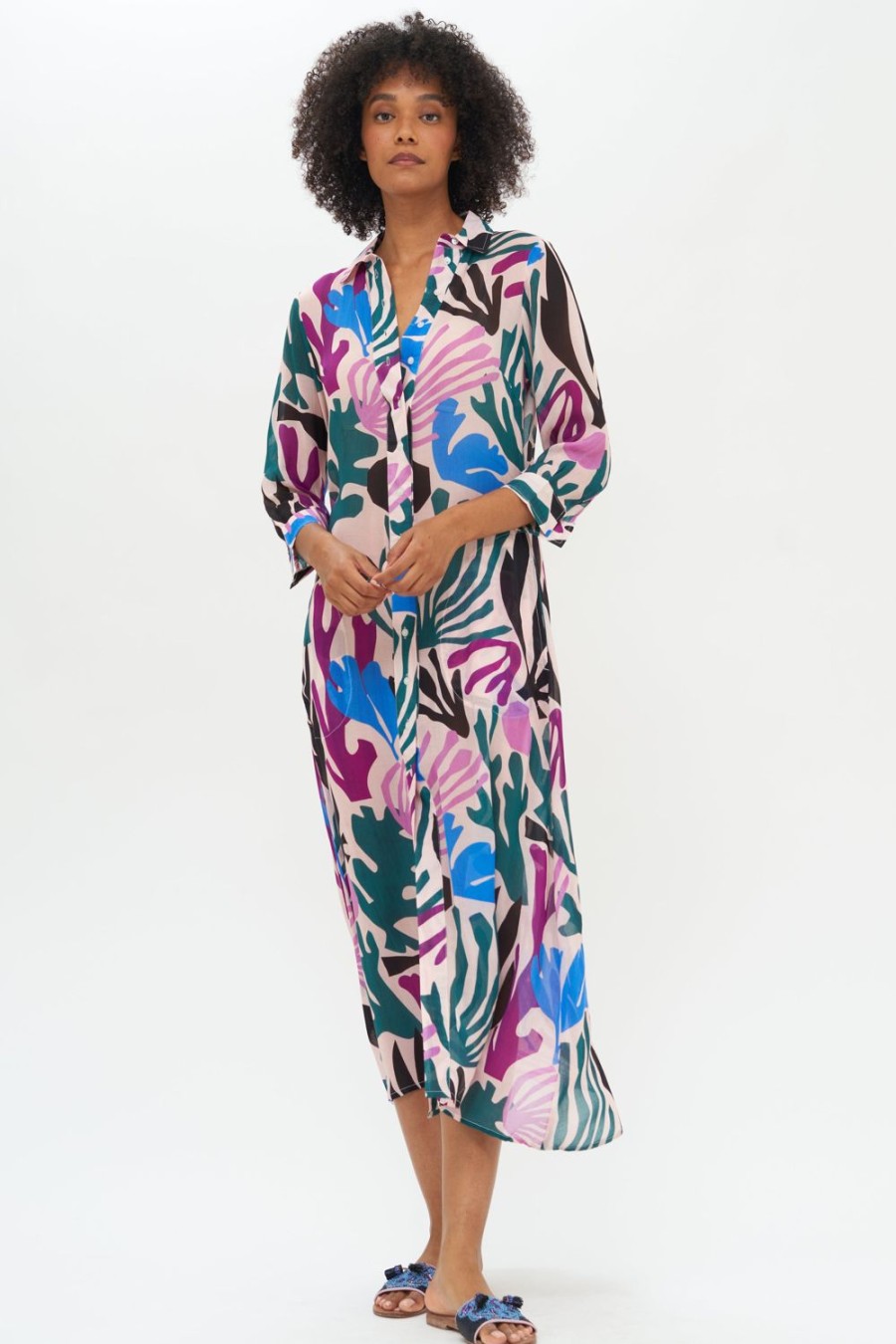 Clothing Oliphant | Shirt Dress Midi- Reef Magenta