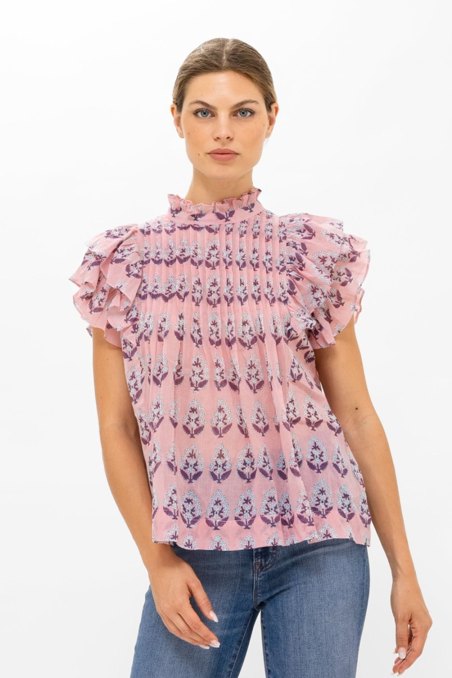 Clothing Oliphant | Pintuck Ruffle Top- Bodrum Pink