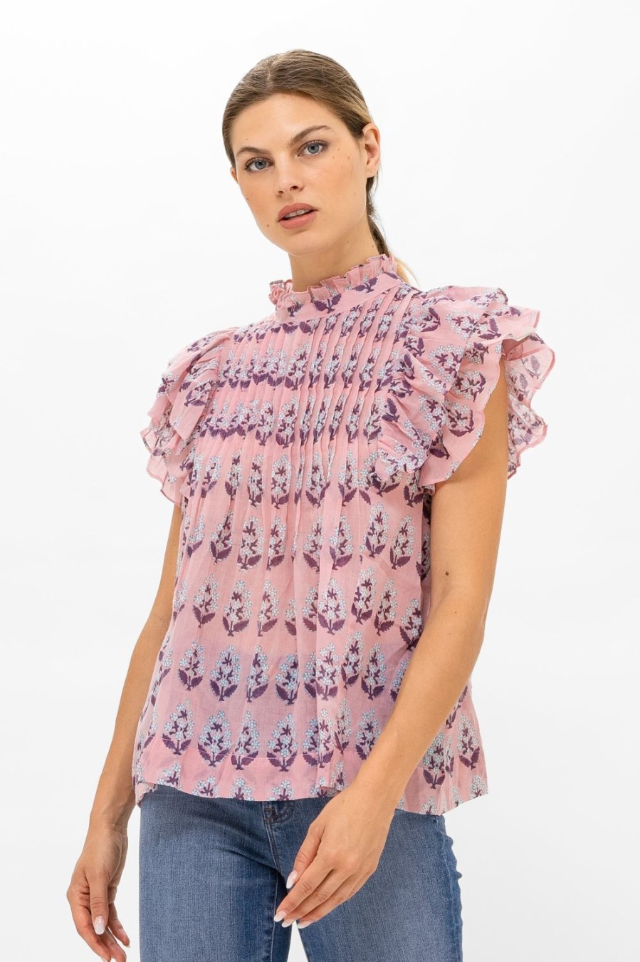 Clothing Oliphant | Pintuck Ruffle Top- Bodrum Pink