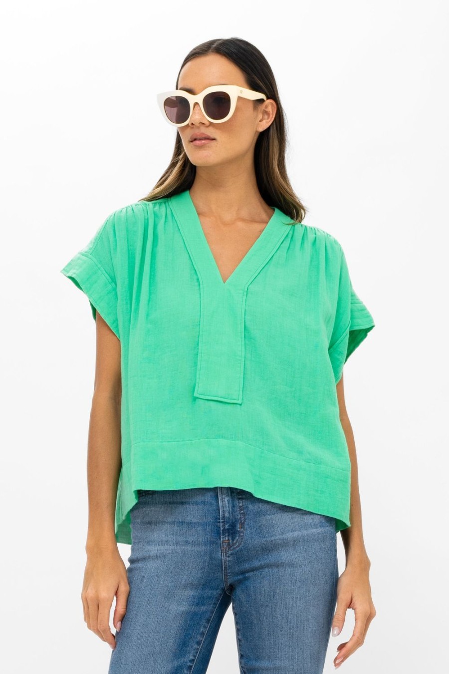 Clothing Oliphant | Roll Sleeve Top- Bahama Green