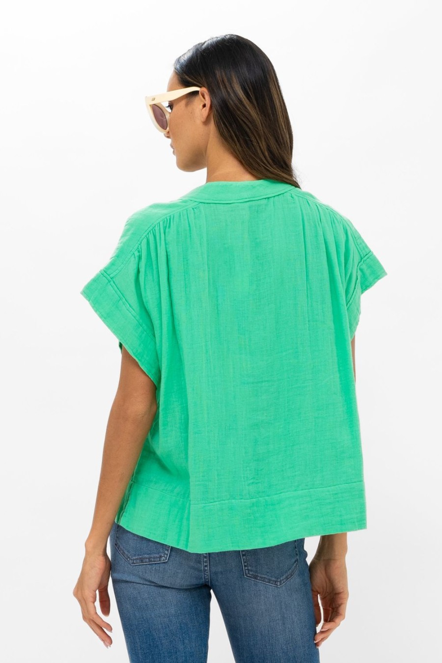 Clothing Oliphant | Roll Sleeve Top- Bahama Green