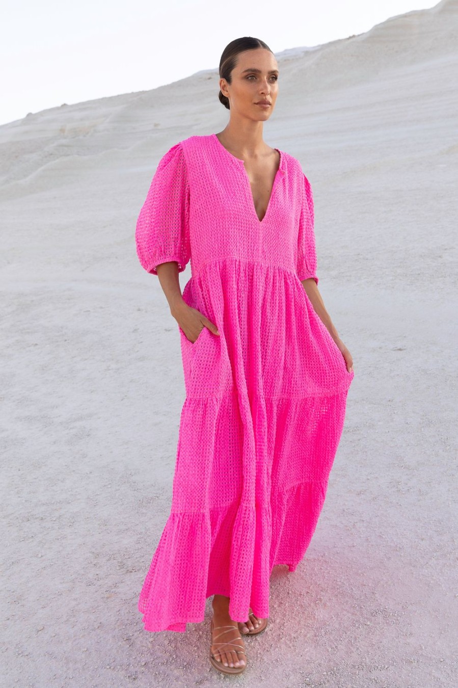 Clothing Oliphant | Puff Sleeve Maxi- Delray Pink