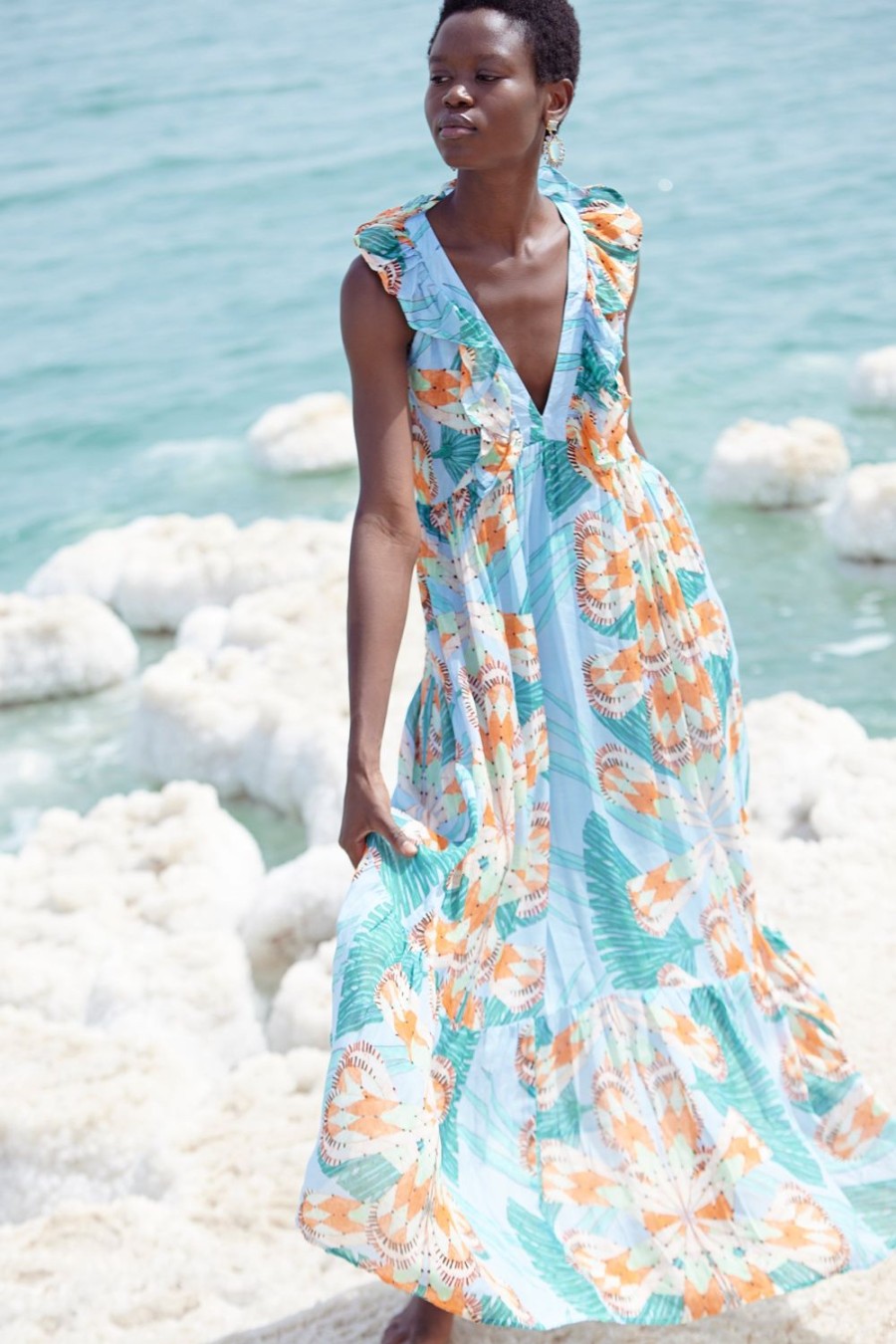 Clothing Oliphant | Ruffle V-Neck Maxi- Palmetto Blue