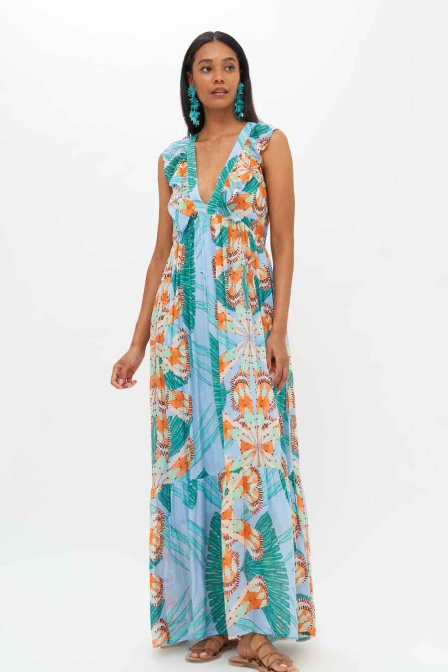 Clothing Oliphant | Ruffle V-Neck Maxi- Palmetto Blue