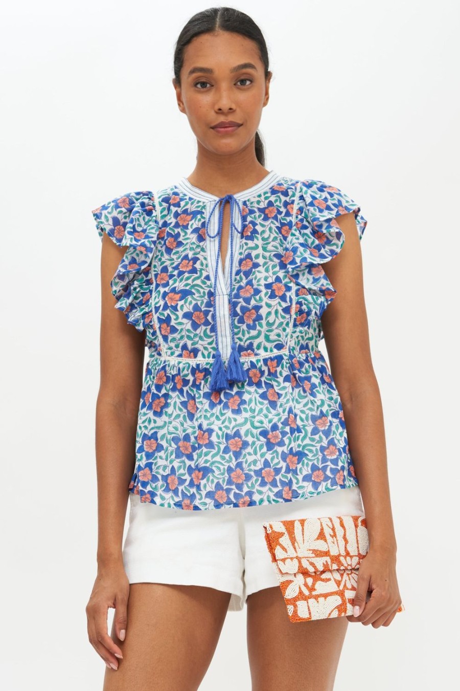 Clothing Oliphant | Flirty Tie Top- Jardin Blue