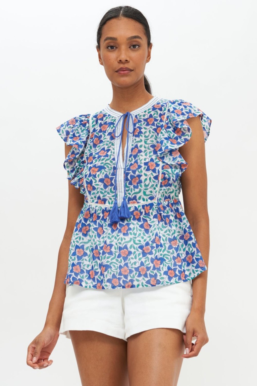 Clothing Oliphant | Flirty Tie Top- Jardin Blue