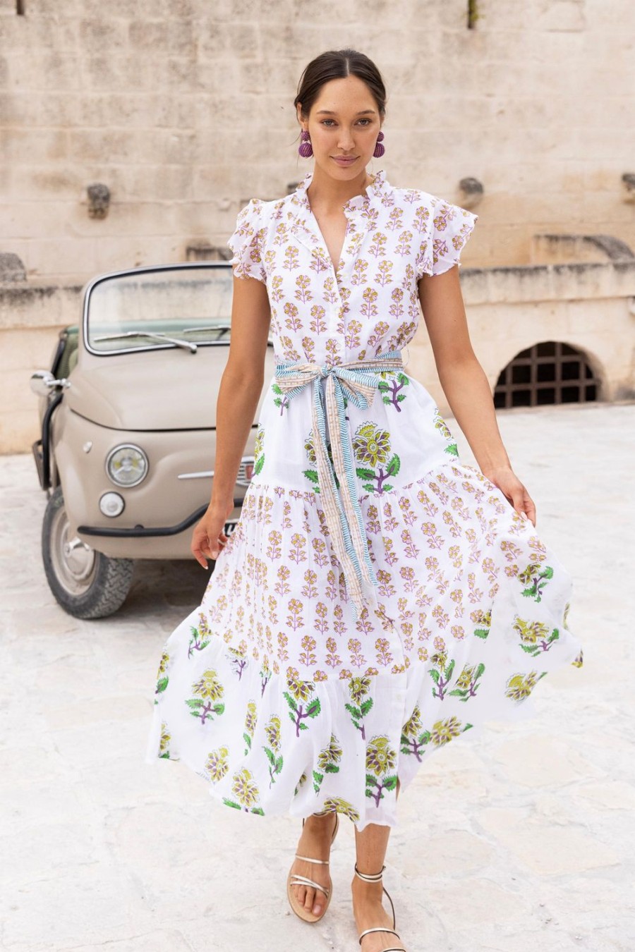 Clothing Oliphant | Ruffle Collar Button Maxi- Puglia Lime