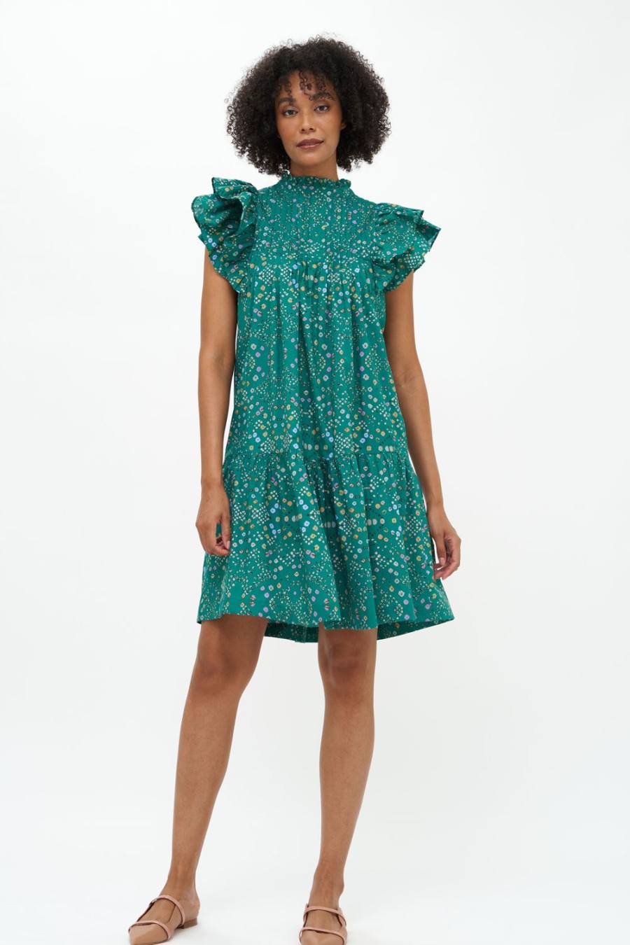 Clothing Oliphant | Pintuck Ruffle Mini Dress- Shibori Green