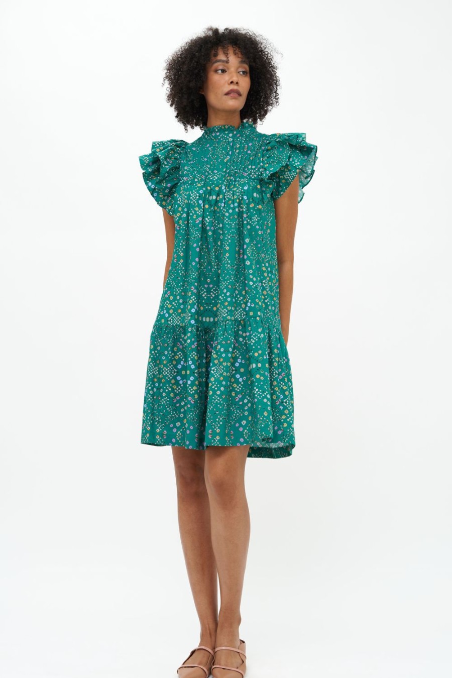 Clothing Oliphant | Pintuck Ruffle Mini Dress- Shibori Green