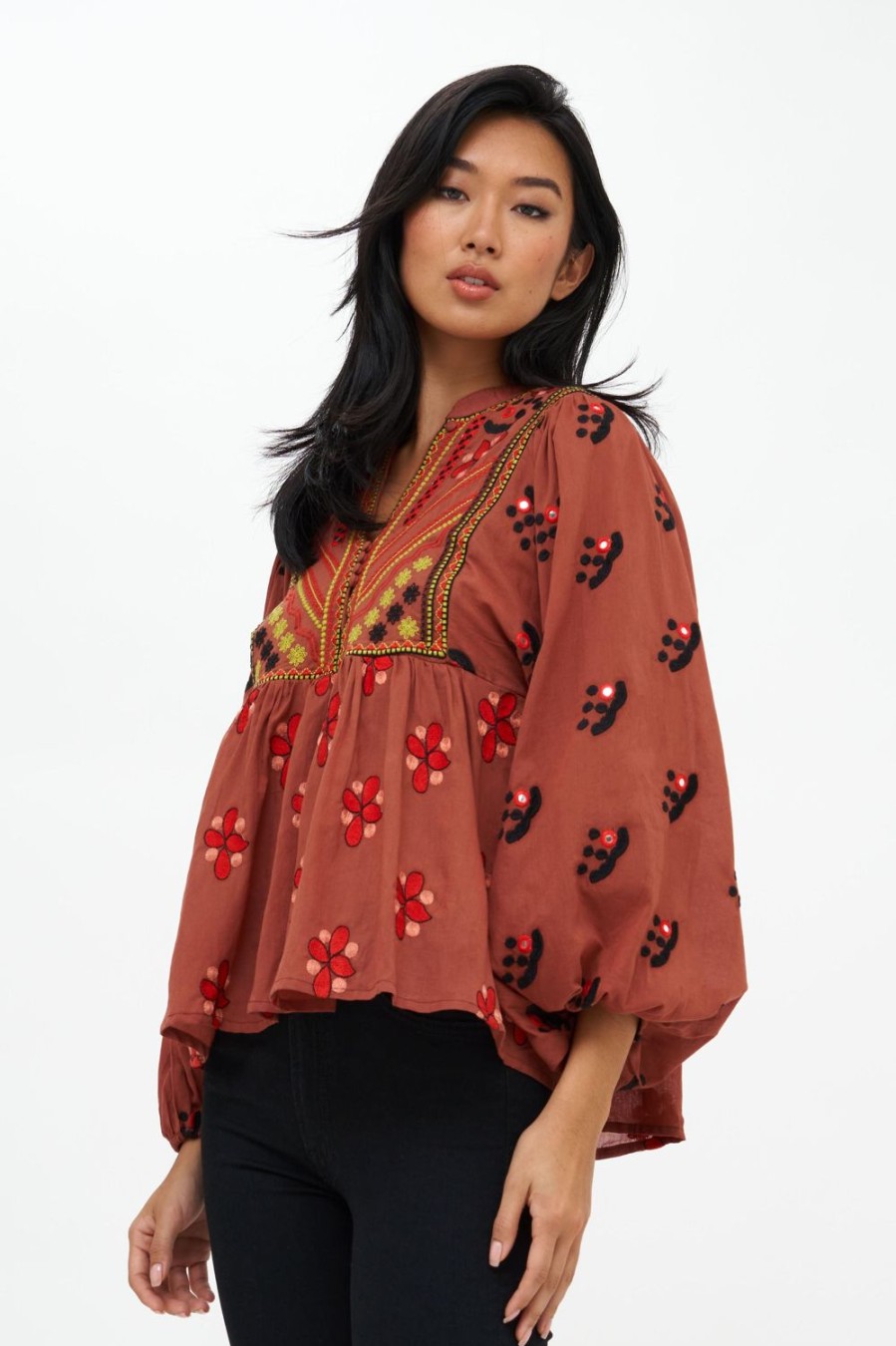 Clothing Oliphant | Mandarin Balloon Top- Lucknow Mocha