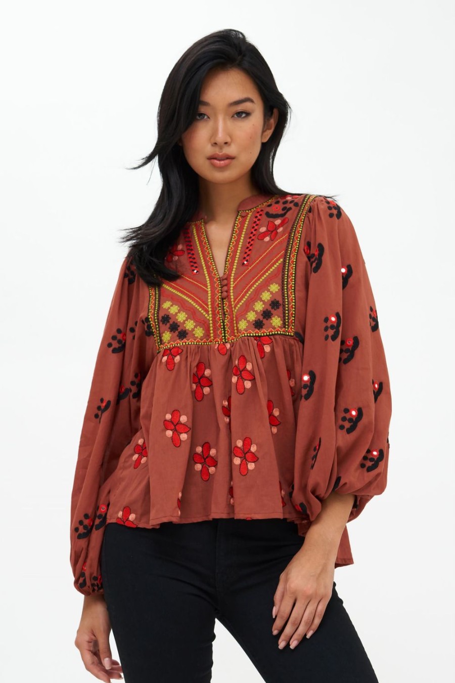 Clothing Oliphant | Mandarin Balloon Top- Lucknow Mocha