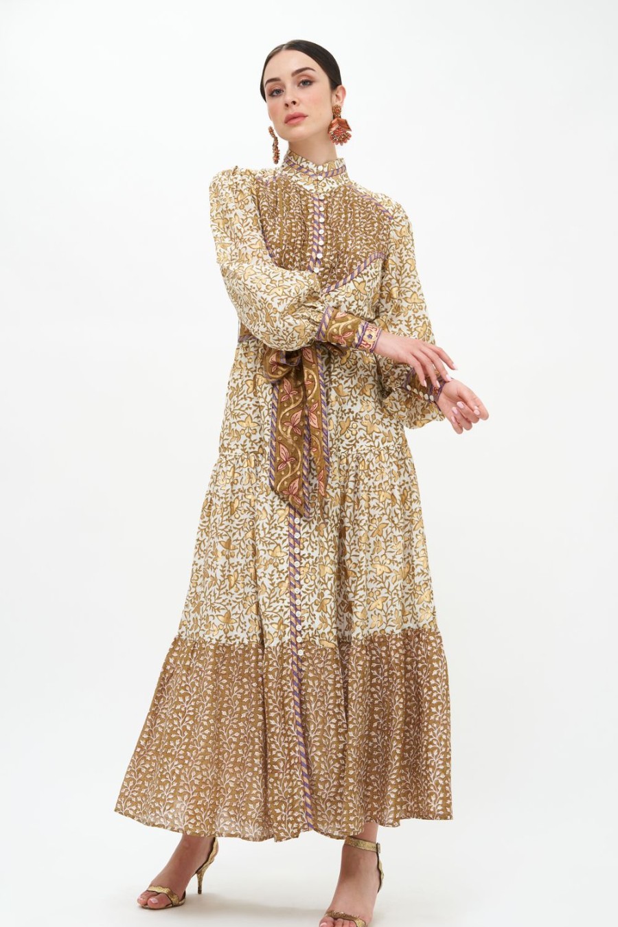 Clothing Oliphant | High Neck Button Maxi- Marchesa Olive