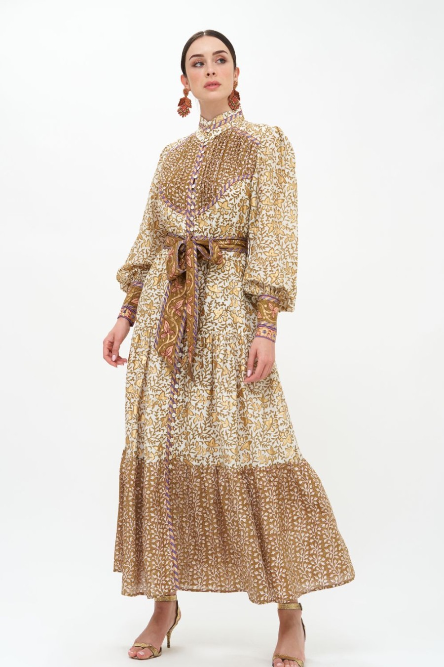 Clothing Oliphant | High Neck Button Maxi- Marchesa Olive