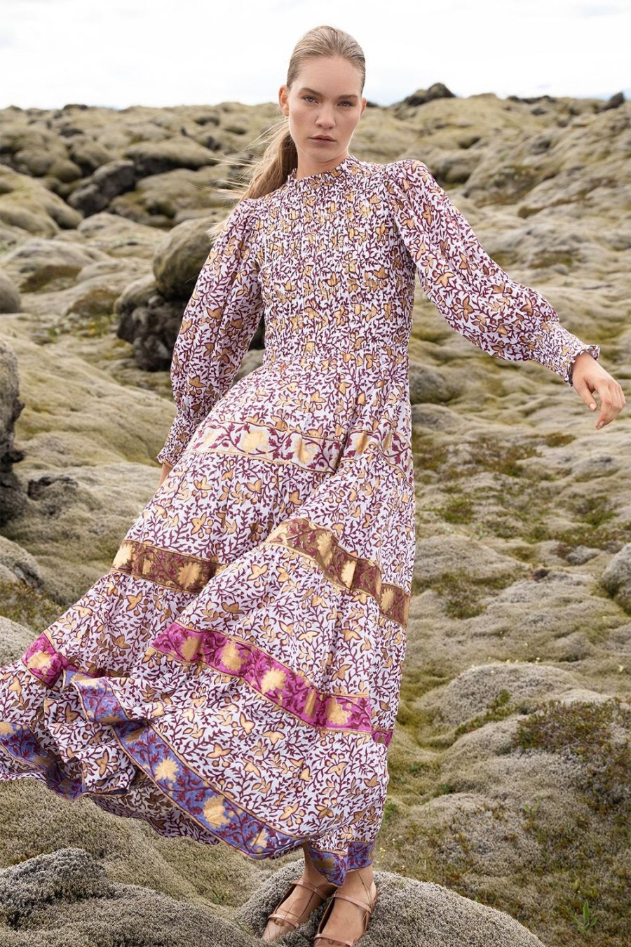 Clothing Oliphant | Smocked Maxi 3/4 Sleeve- Marchesa Wine