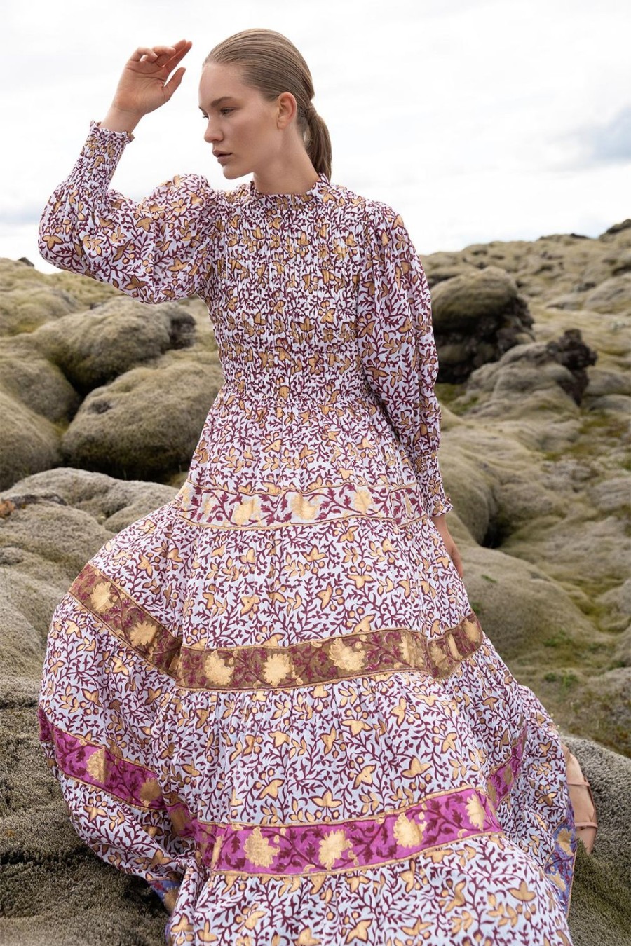 Clothing Oliphant | Smocked Maxi 3/4 Sleeve- Marchesa Wine