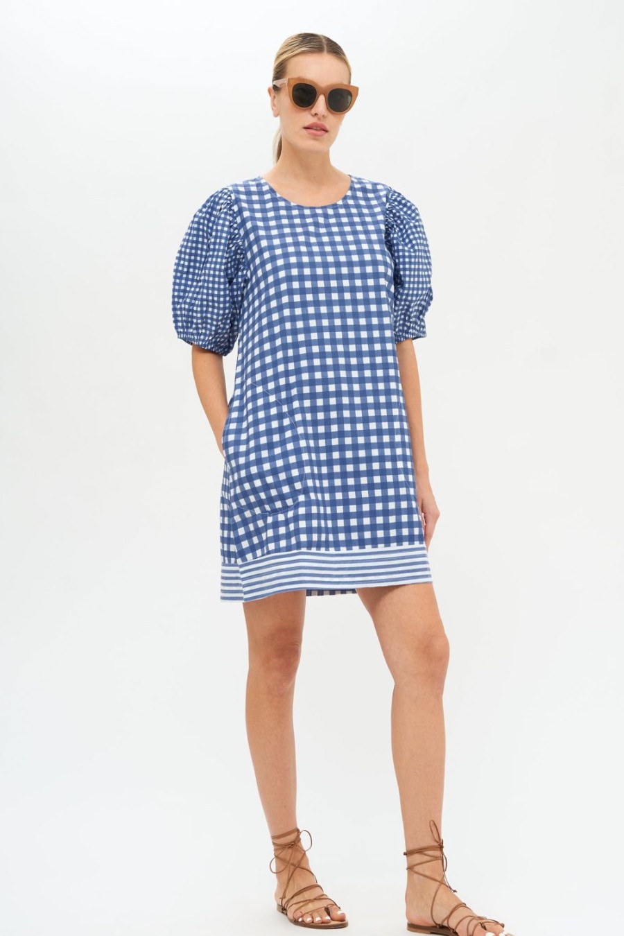 Clothing Oliphant | Puff Crew Neck- Gingham Navy