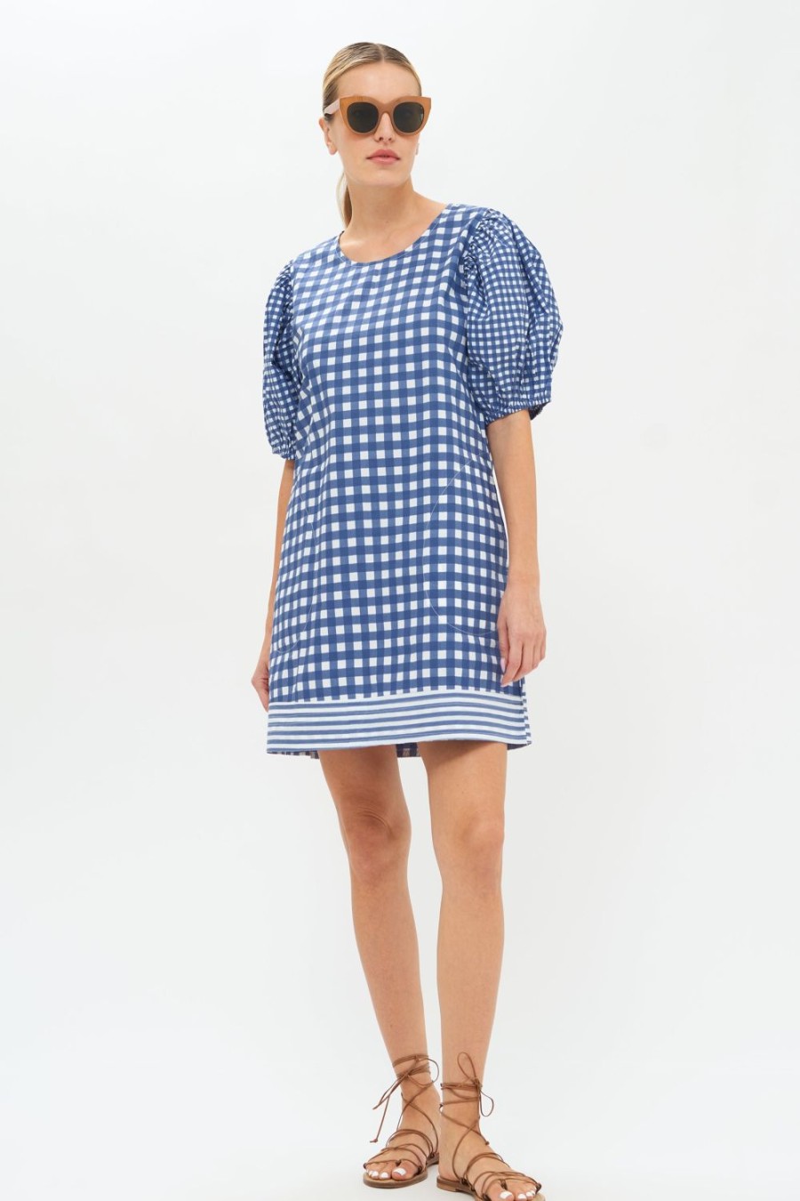 Clothing Oliphant | Puff Crew Neck- Gingham Navy