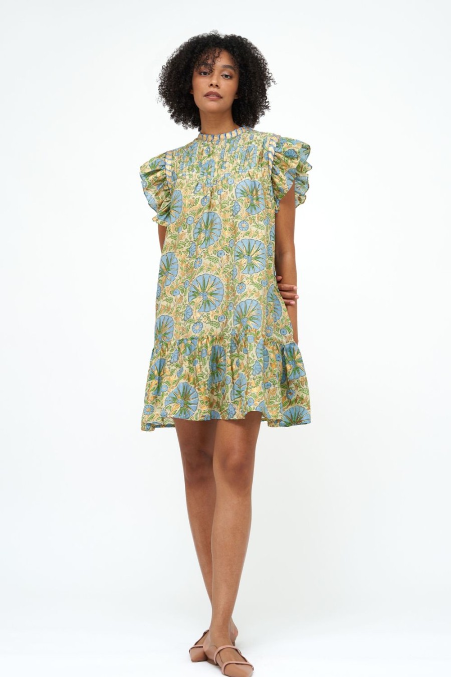 Clothing Oliphant | Short Sleeve Pintuck Flirty Dress- Ankara Blue