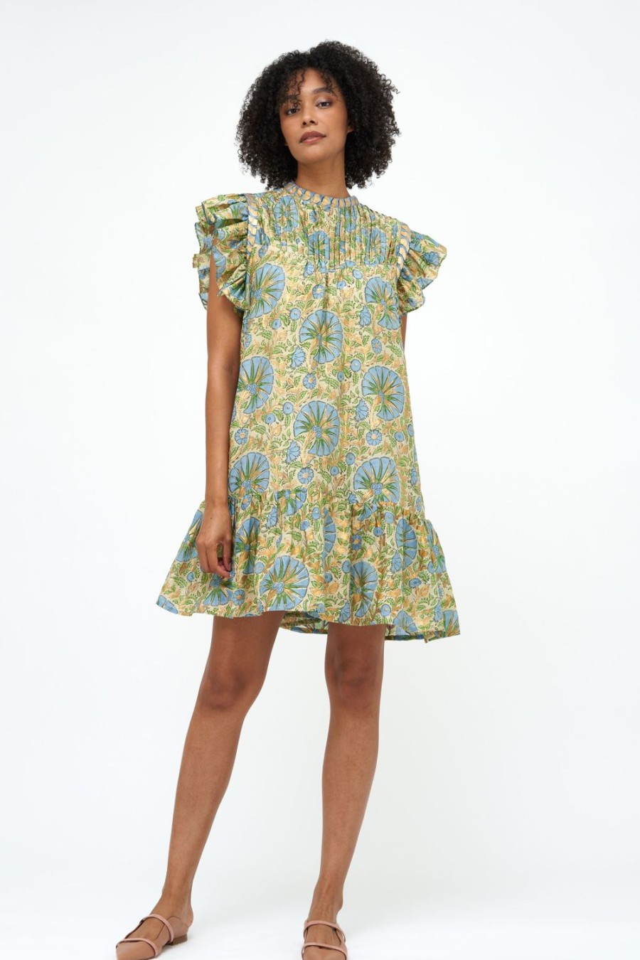 Clothing Oliphant | Short Sleeve Pintuck Flirty Dress- Ankara Blue