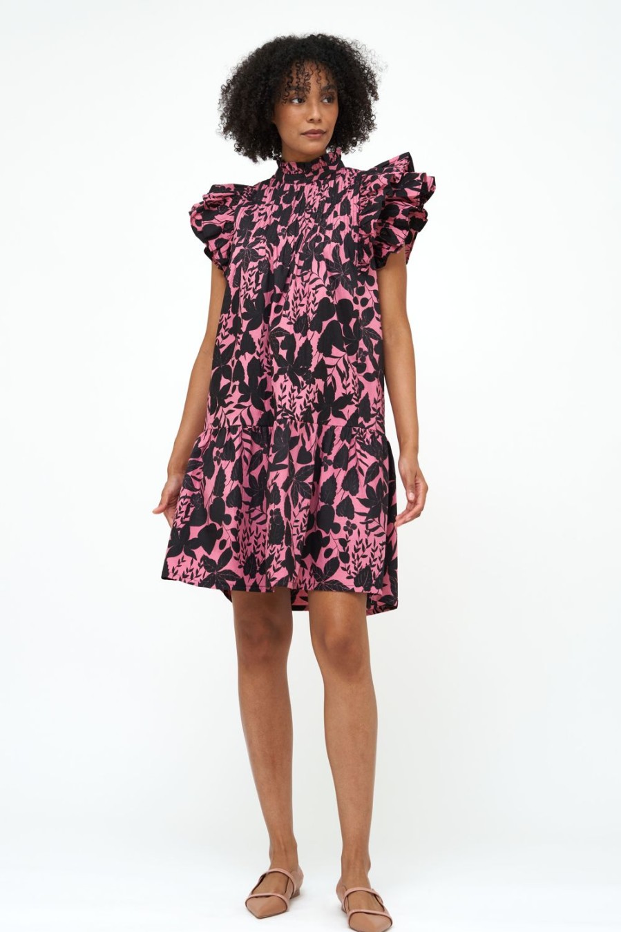 Clothing Oliphant | Pintuck Ruffle Mini Dress- Willow Dusty Rose