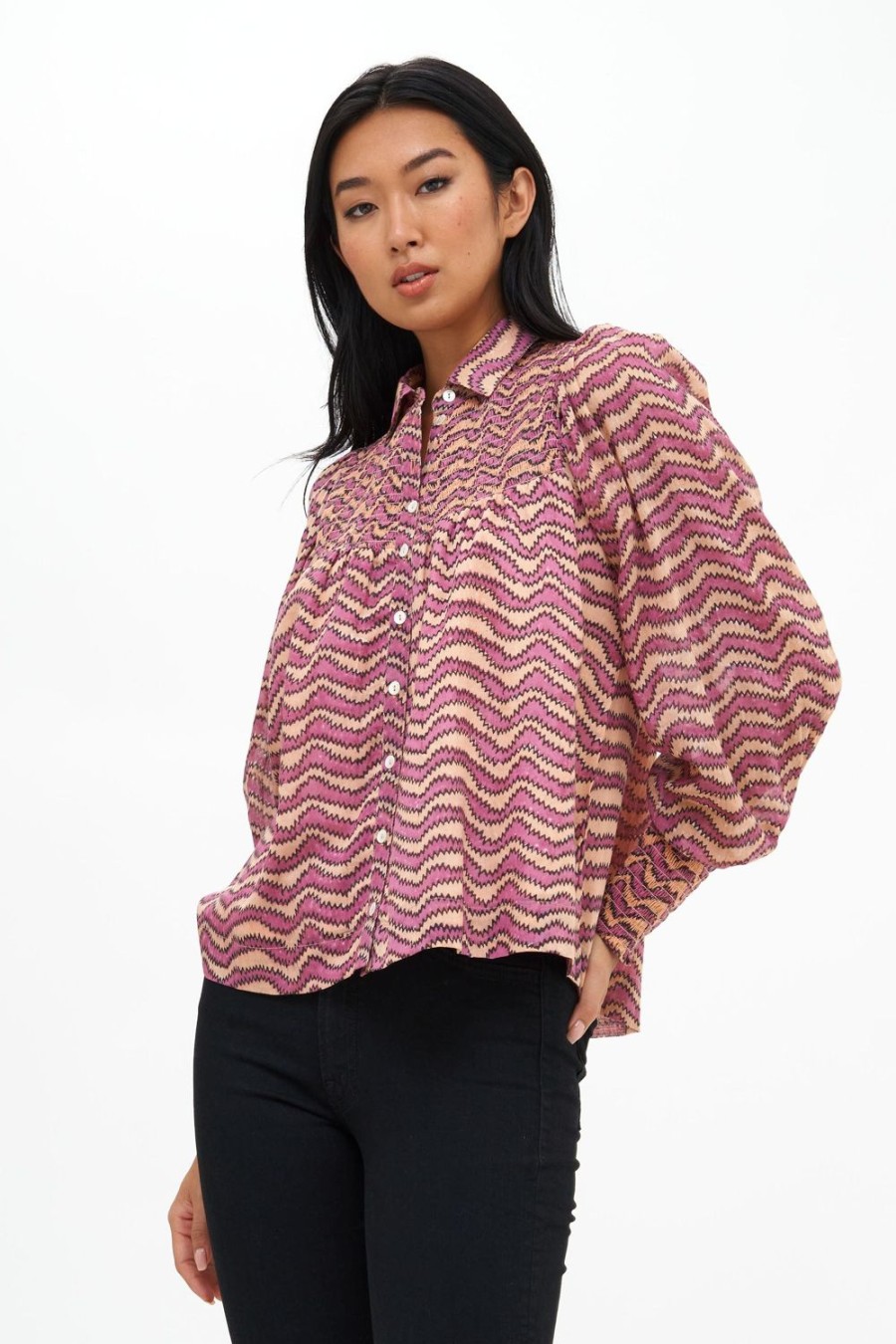 Clothing Oliphant | Smocked Button Down Blouse- Sierra Black