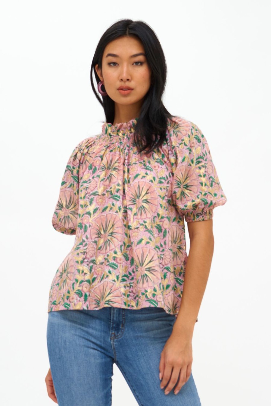 Clothing Oliphant | Smocked Neck Top- Ankara Rose