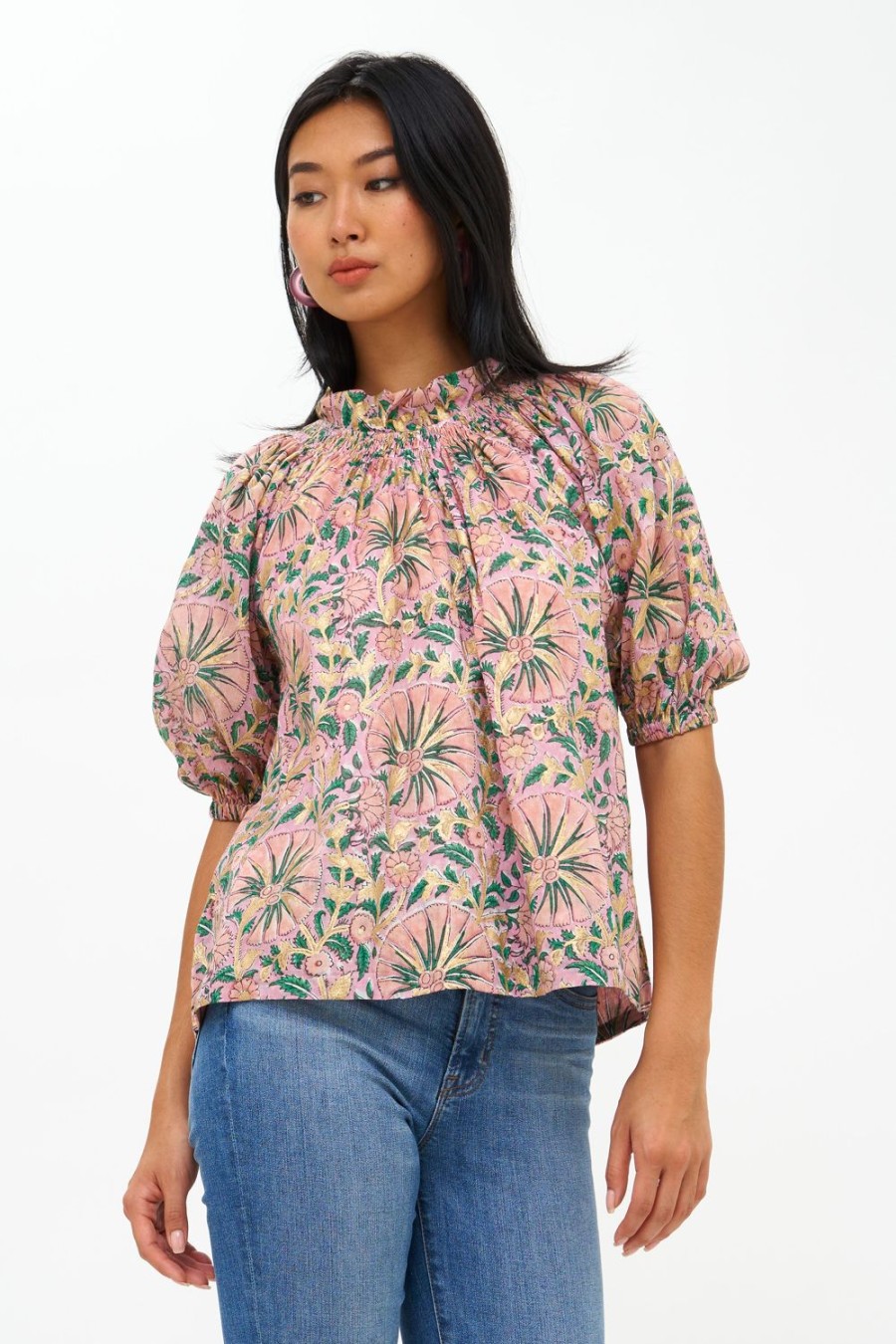 Clothing Oliphant | Smocked Neck Top- Ankara Rose