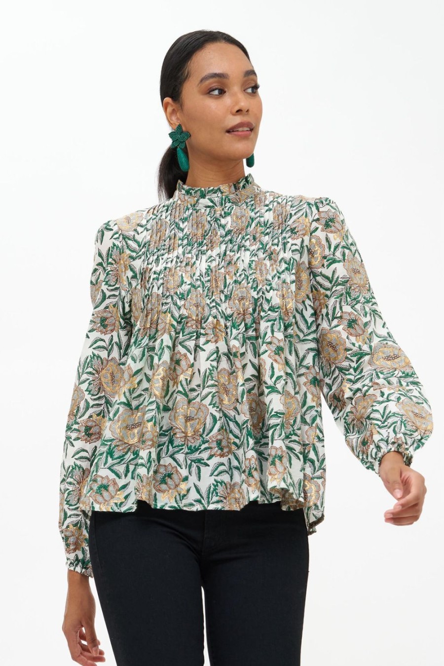 Clothing Oliphant | Long Sleeve Pintuck Blouse- Hedera Green