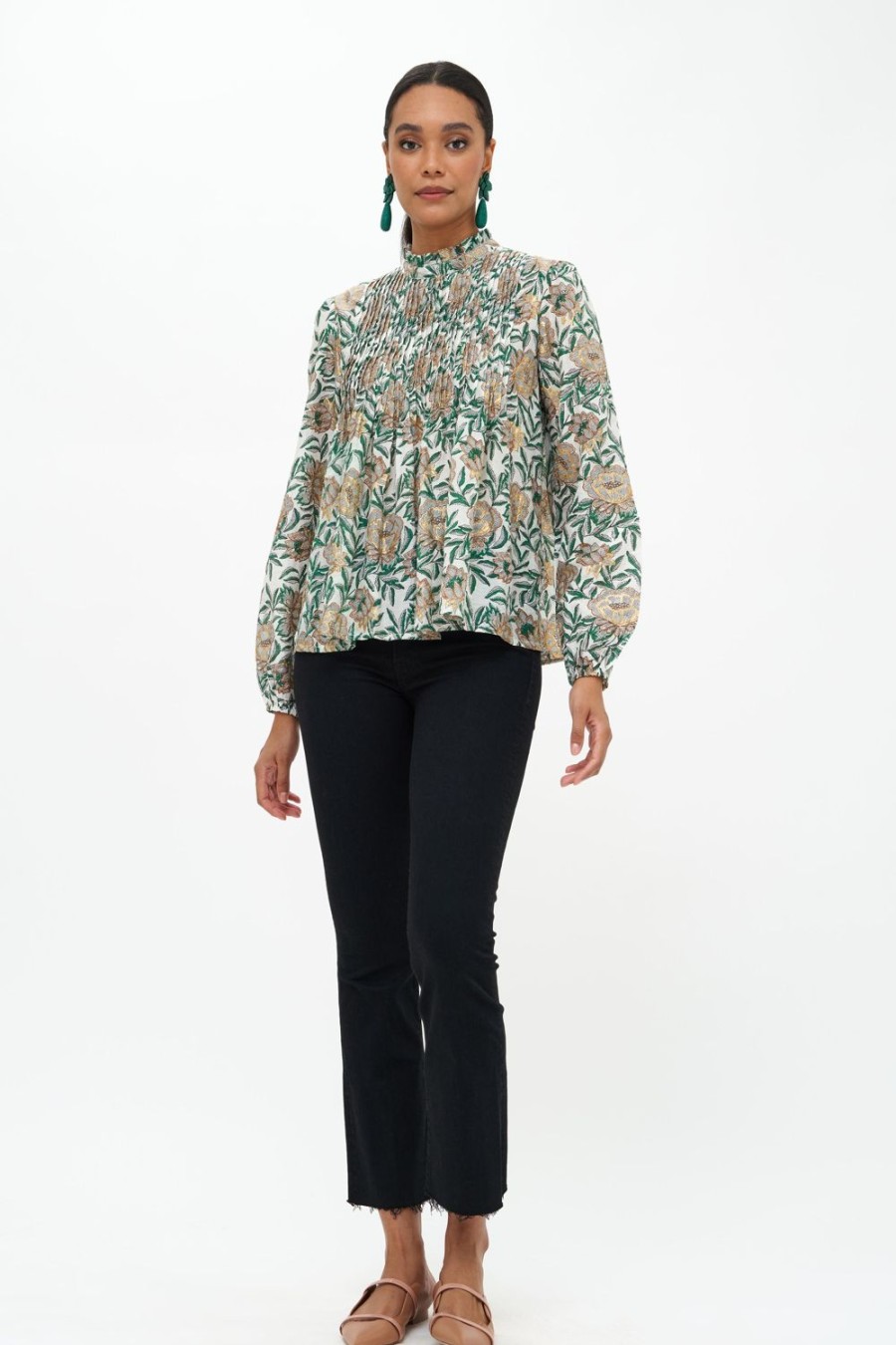 Clothing Oliphant | Long Sleeve Pintuck Blouse- Hedera Green