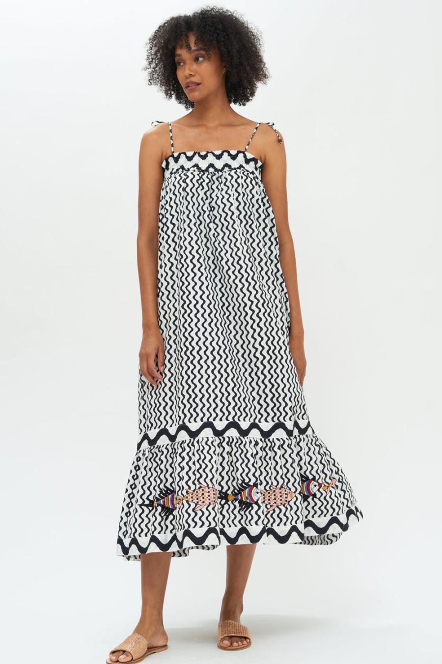 Clothing Oliphant | Tie Strap Smocked Straight Midi- Ripple Black