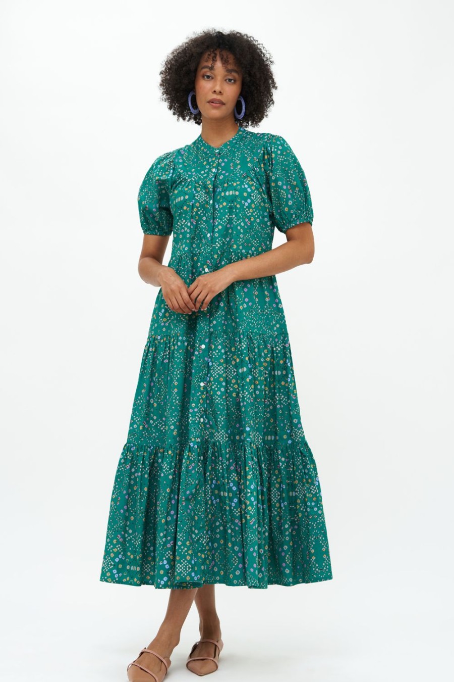 Clothing Oliphant | Scoop Tiered Midi- Shibori Green