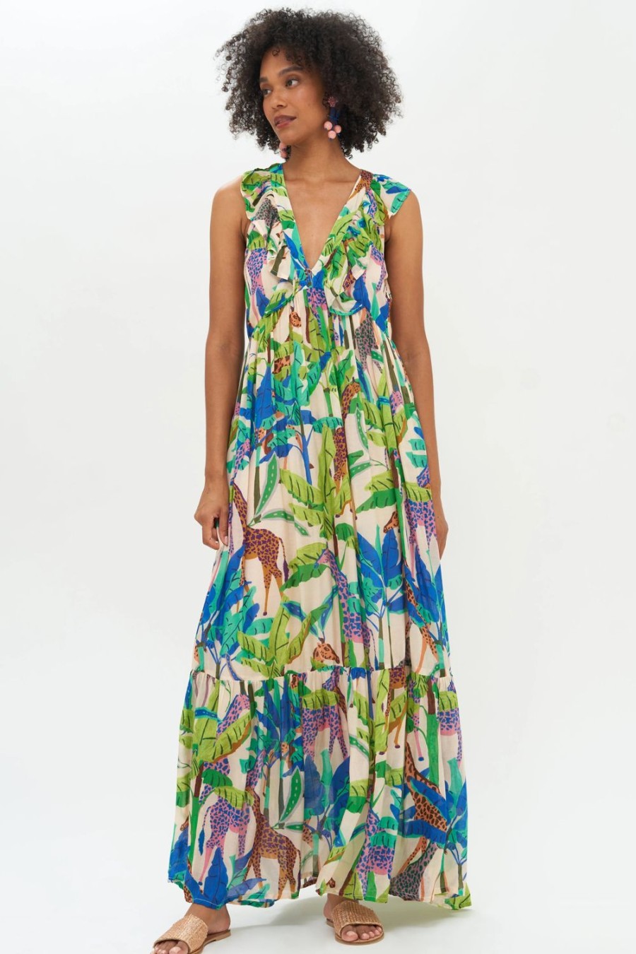 Clothing Oliphant | Ruffle V-Neck Maxi- Kruger Blue