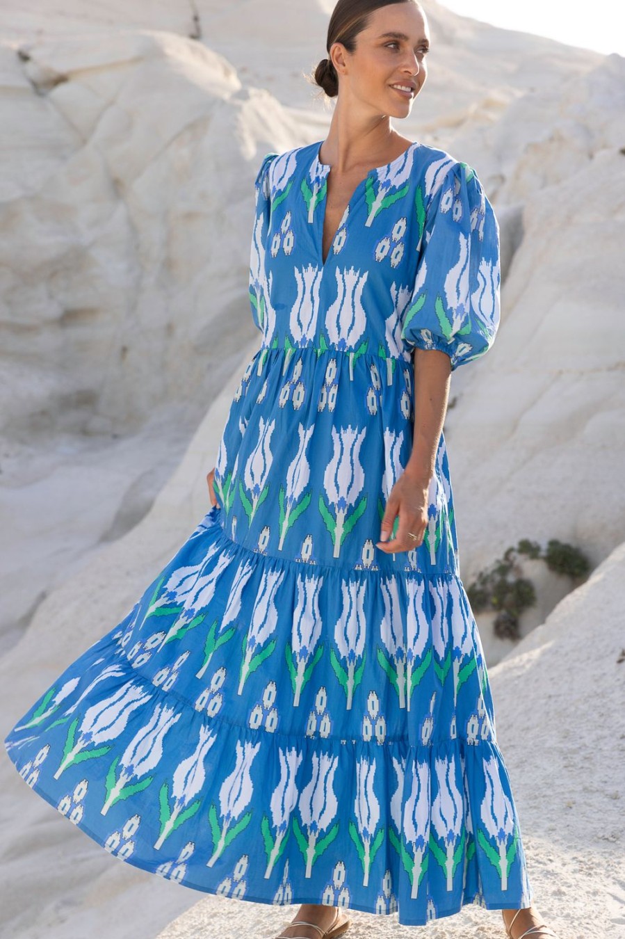 Clothing Oliphant | Puff Sleeve Maxi- Sumba Blue