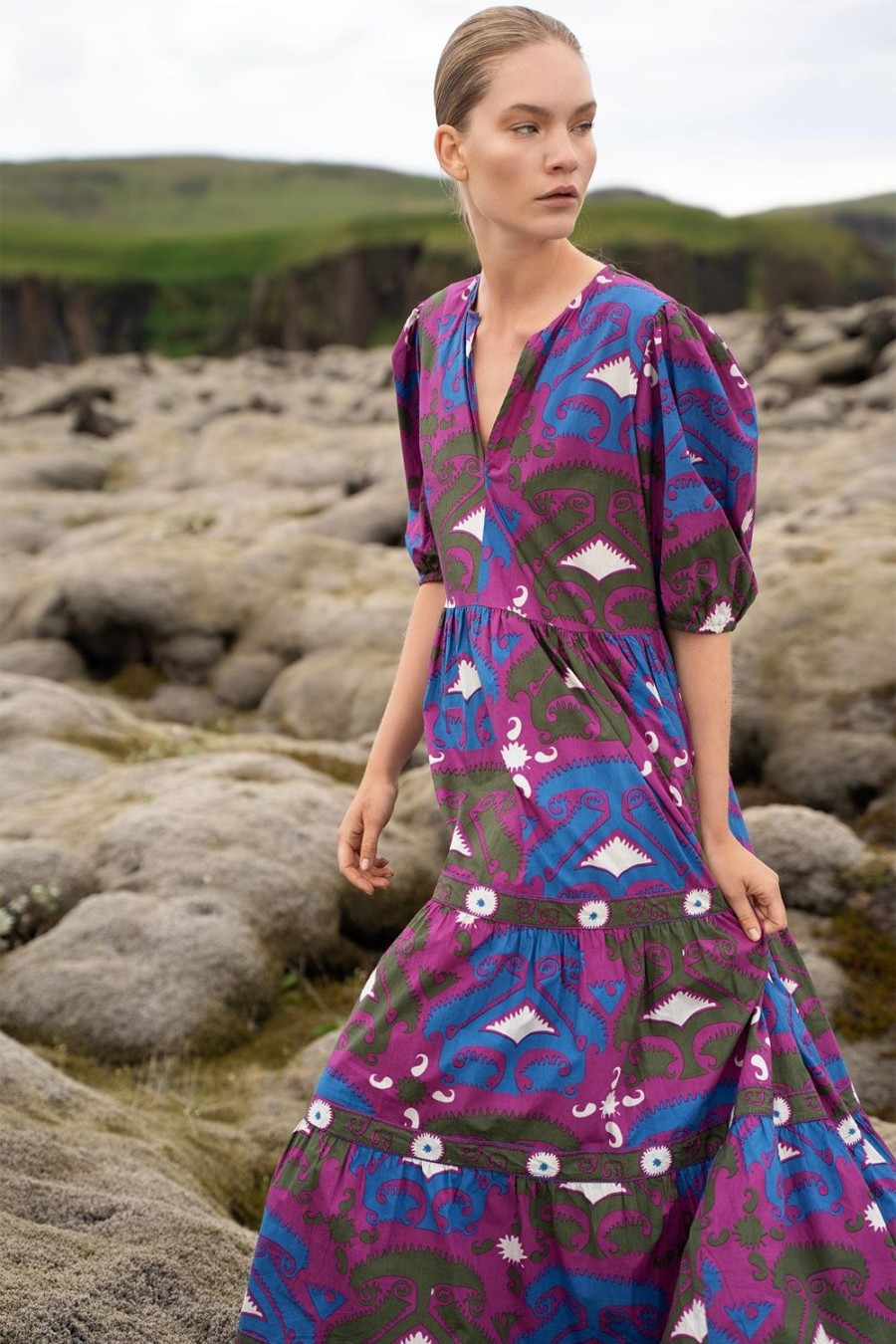 Clothing Oliphant | Puff Sleeve Maxi- Uzbek Magenta