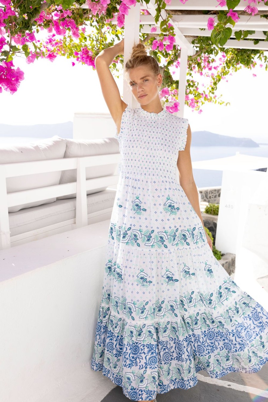 Clothing Oliphant | Sleeveless Smocked Maxi- Corfu Blue