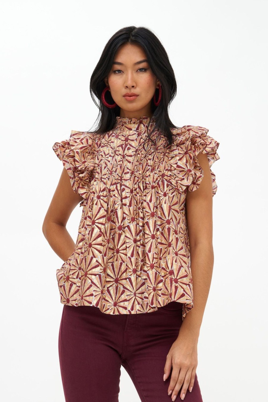 Clothing Oliphant | Pintuck Ruffle Top- Roman Wine