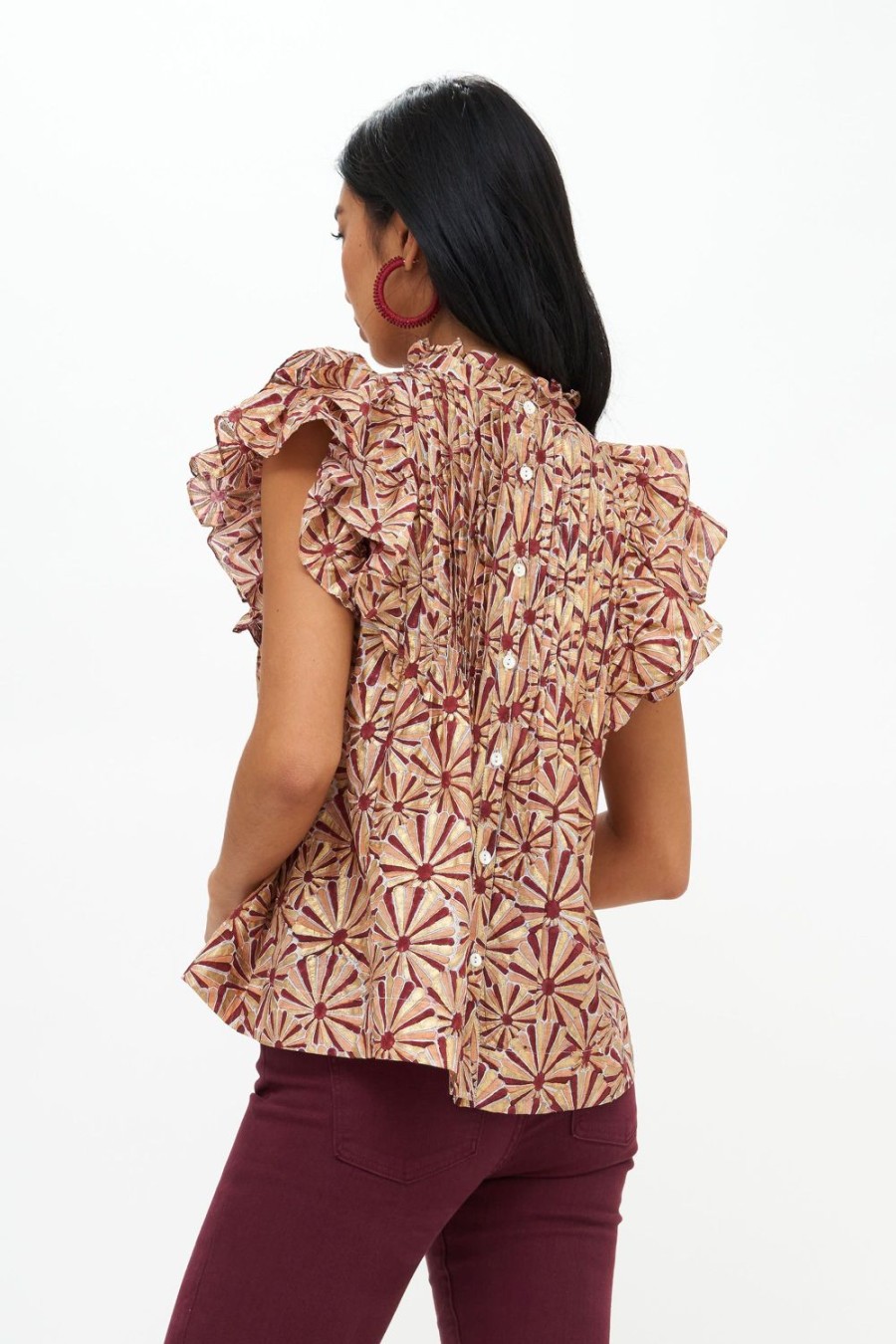 Clothing Oliphant | Pintuck Ruffle Top- Roman Wine