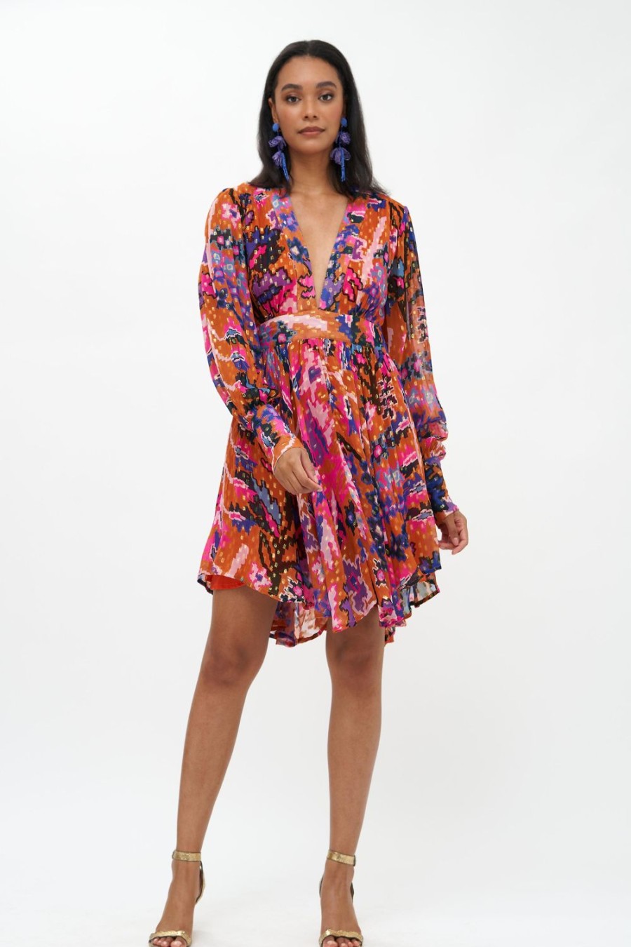 Clothing Oliphant | V-Neck Mini Dress- Bukhara Toffee