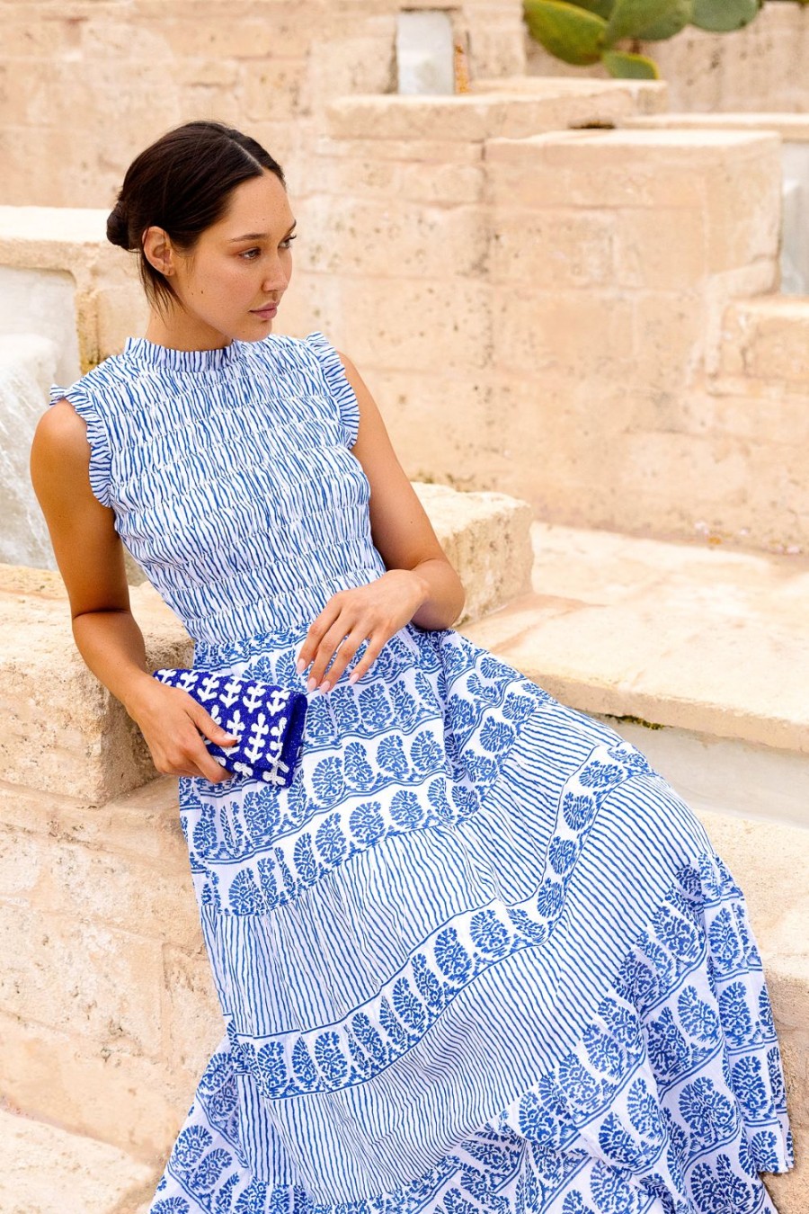 Clothing Oliphant | Sleeveless Smocked Maxi- Sorrento Blue