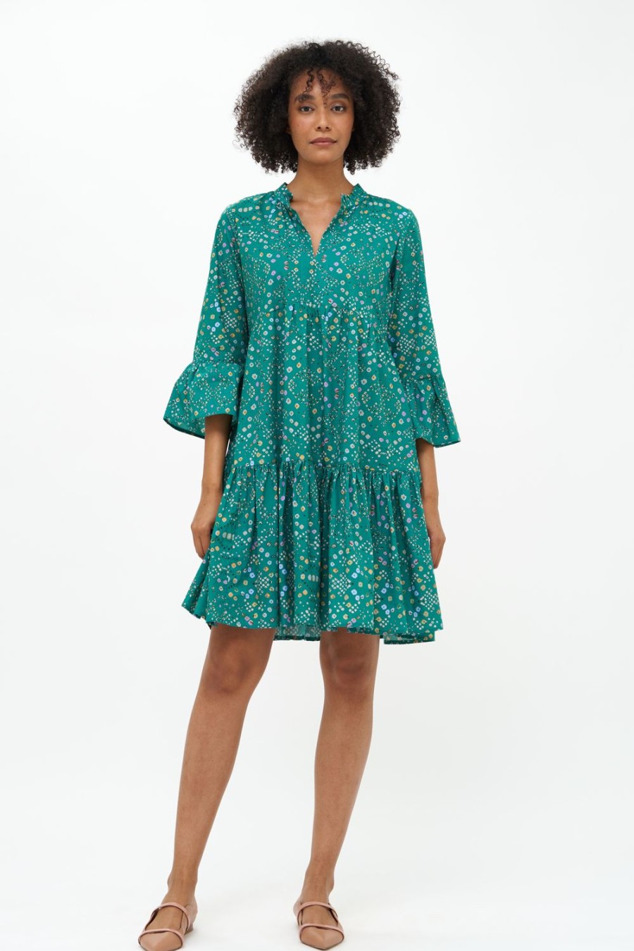 Clothing Oliphant | Bell Sleeve Tiered Mini- Shibori Green