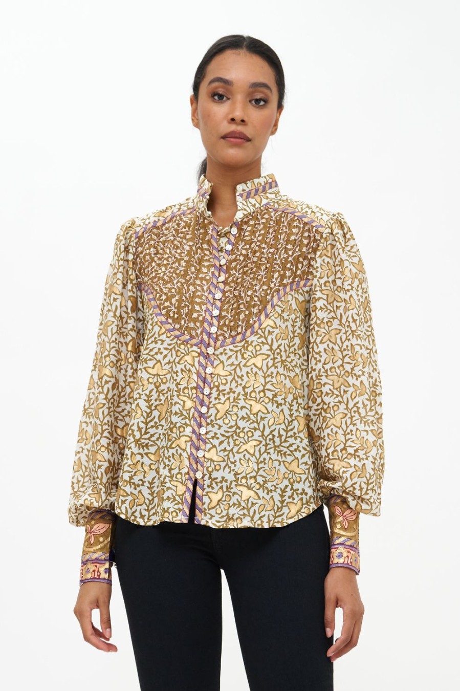 Clothing Oliphant | High Neck Button Blouse- Marchesa Olive