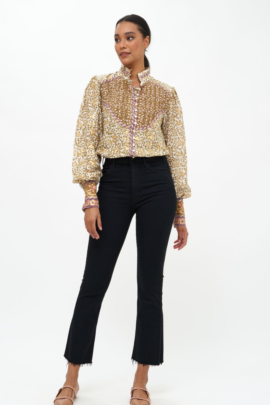 Clothing Oliphant | High Neck Button Blouse- Marchesa Olive