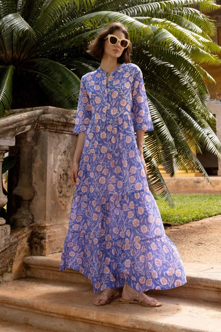 Clothing Oliphant | Button Neck 3/4 Sleeve Maxi- Amalfi Peri