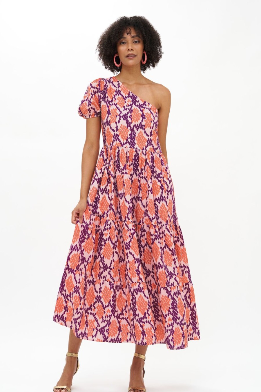 Clothing Oliphant | One Shoulder Maxi- Python Coral